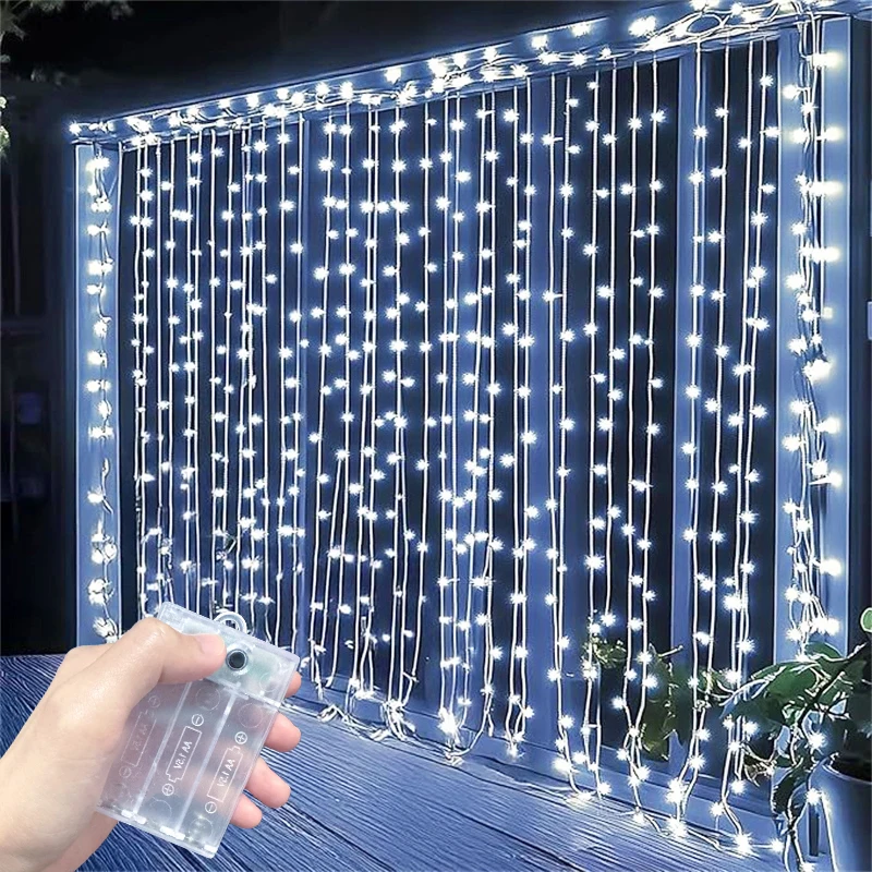 Curtain LED Lights String 8 Modes AA Battery Box Valentine's Day Lights Wedding Bay Window Halloween Garden Decoration Outdoor