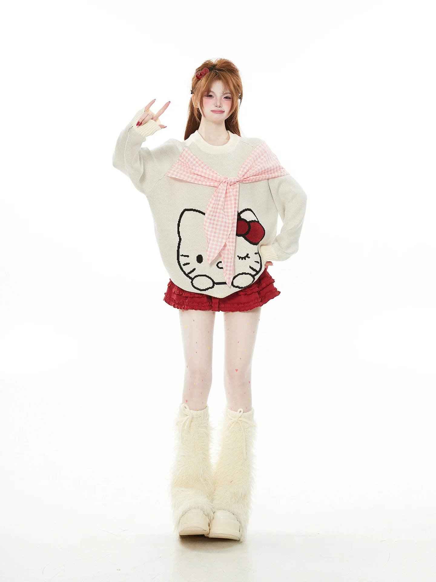 

Корейский вязаный свитер-пуловер в клетку с круглым вырезом и вставками для женщин, весна-осень, милый топ