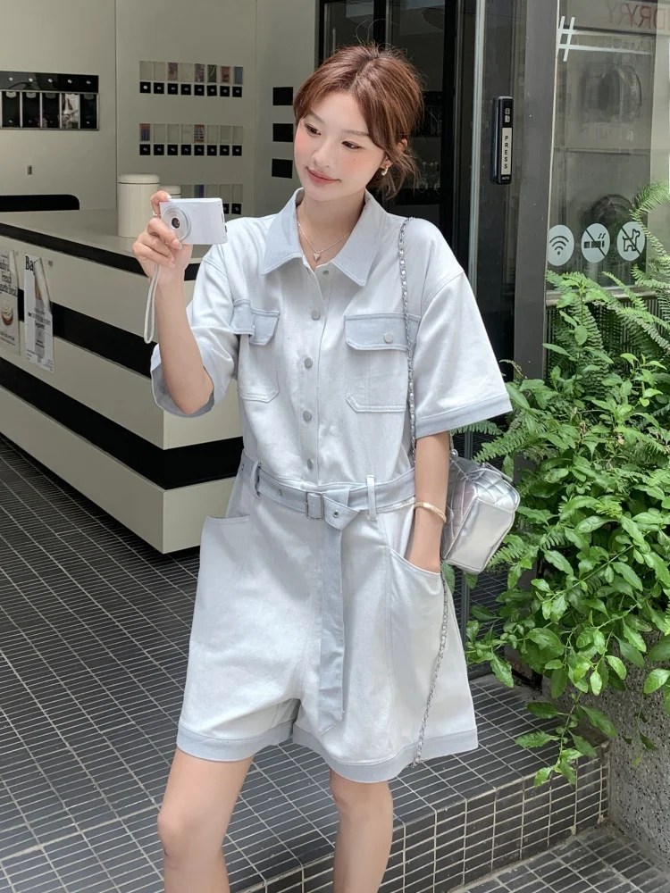 

Faionable Denim Onesie for Women High Waist ort Pants Workwear Sle Belt ket Detail Commute Polyester Fiber Thin Model