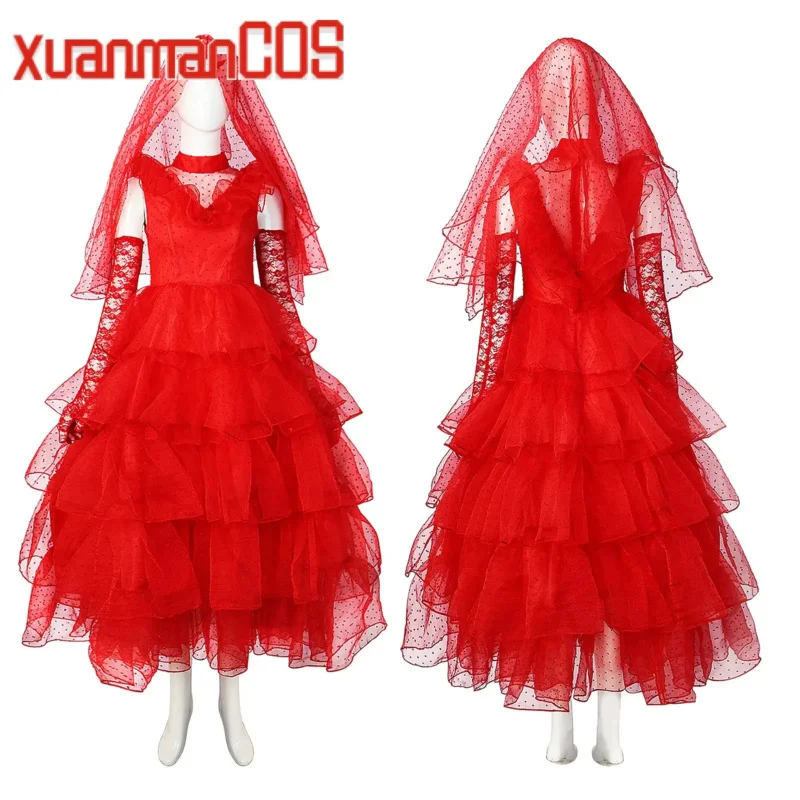 

Lydia Cosplay Costume Red Wedding Dress Movie Beetlejuice Cosplay Costume Women Outfits Halloween Suit Adult Fancy Dress Up