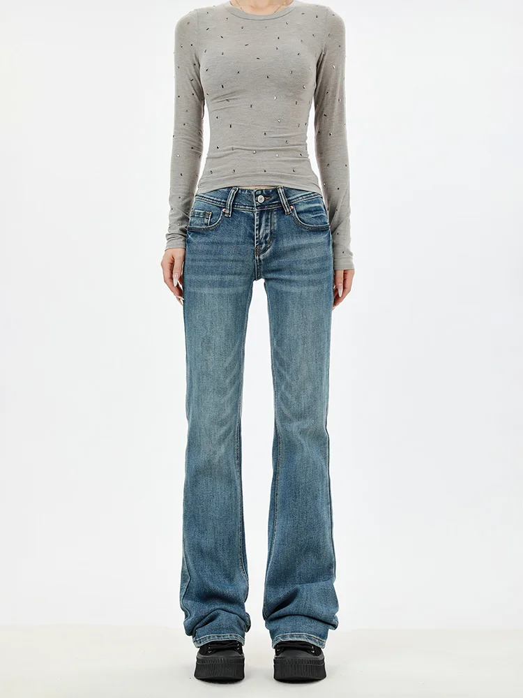 

American Retro Low Waist Flared Jeans Women Slimming Vibe Narrow Version Distressed Long Straight Leg Jeans