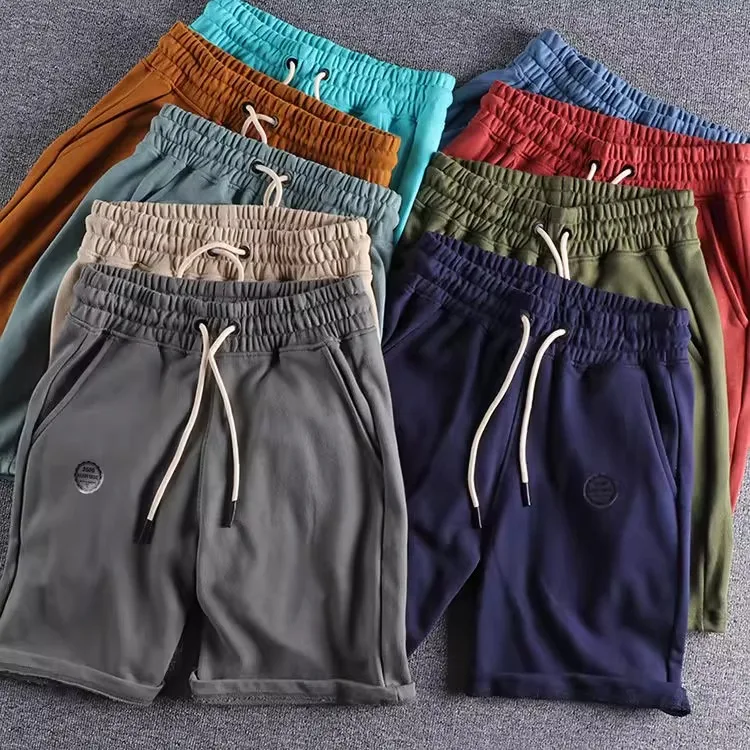 2025 Summer New Japanese Retro Heavyweight Knitted Shorts Men's 100% Cotton Washed Drawstring Casual Loose Sports 5-point Pants