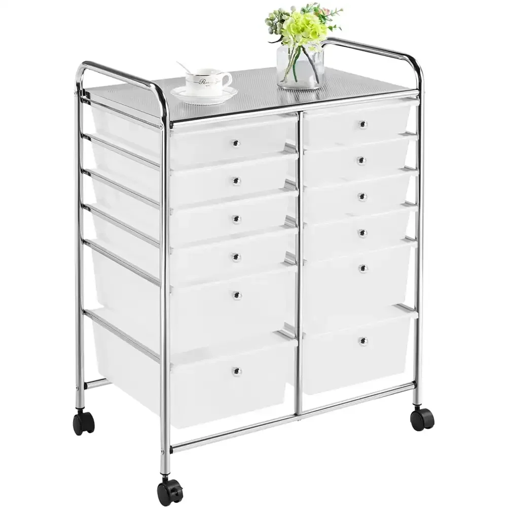 

12 Drawer Rolling Storage Cart Organizer with Lockable Wheels, White/Multi-color/Black storage drawers