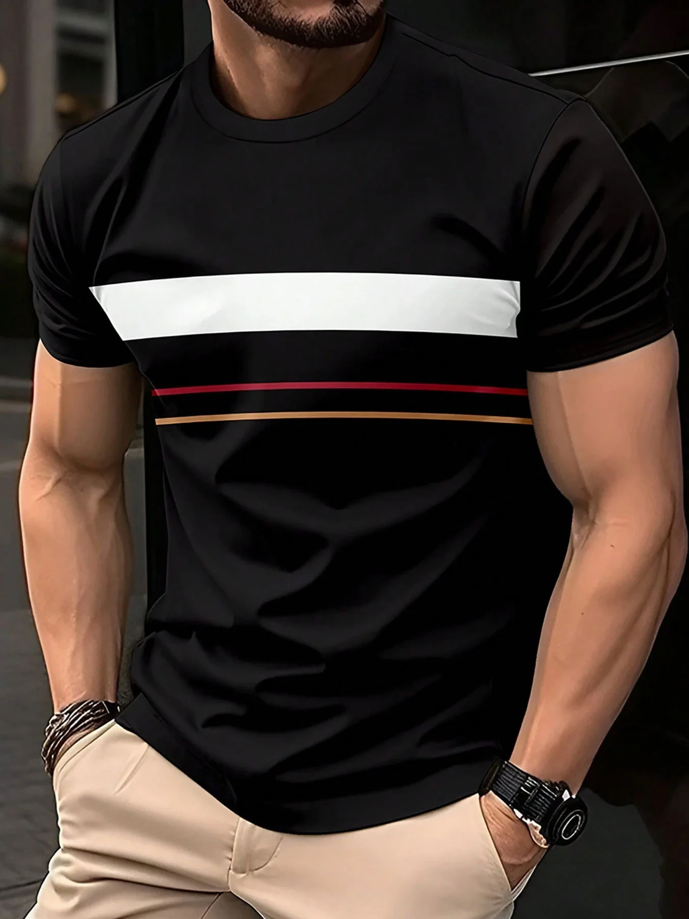 Men Black T‑Shirt White Red Gold Horizontal Stripe Print Crew Neck Short Sleeve Tops