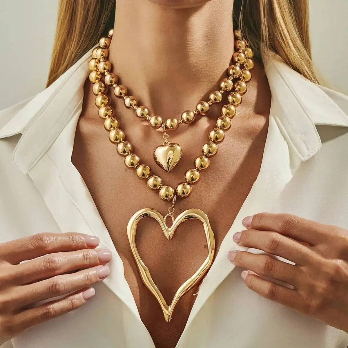 

SHIXIN 2Pcs/Set Exaggerated Hollow Out Big Heart Pendant Necklace Women Luxury Gold Color Acrylic Beaded Choker Party Jewelry