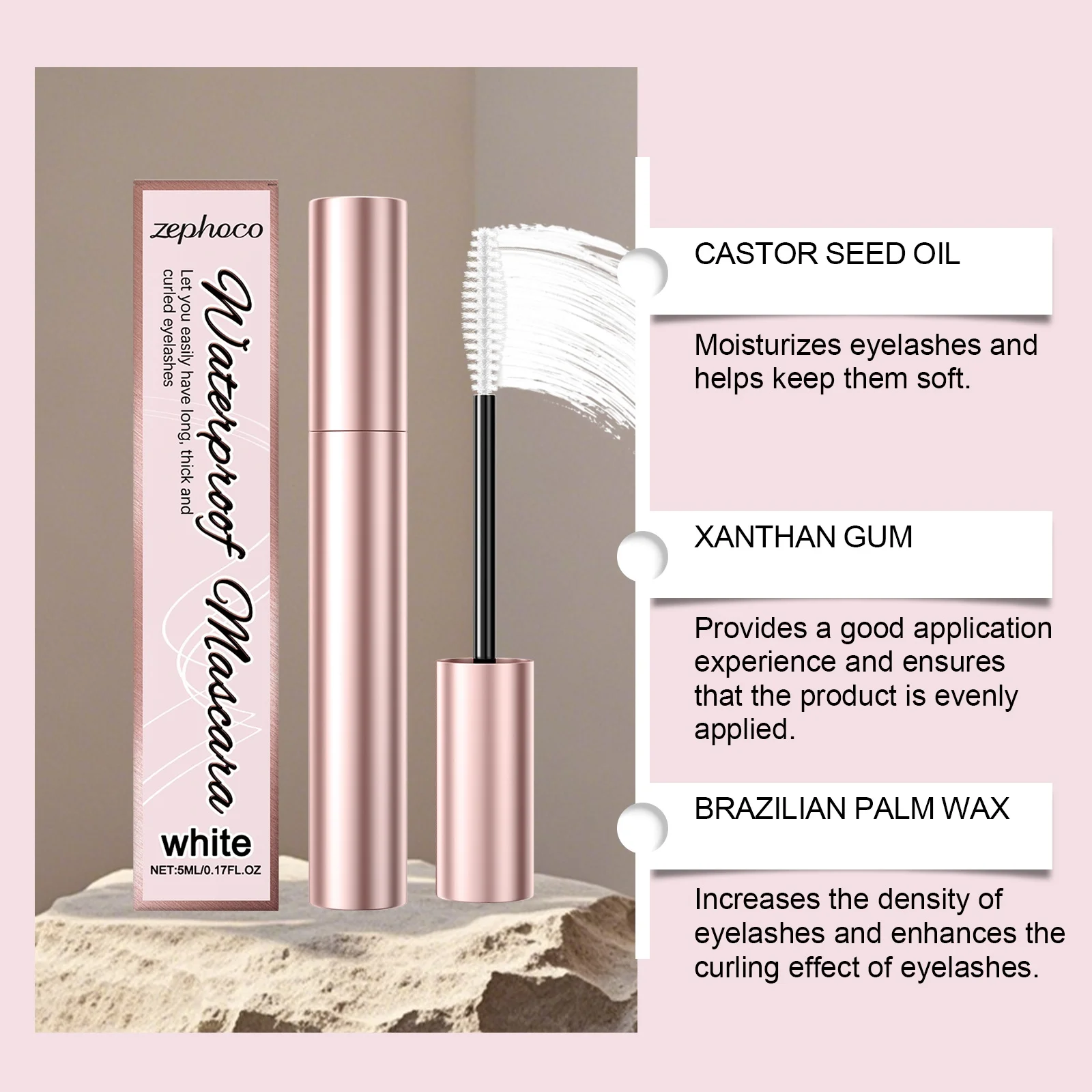 Zephoco White Mascara é um rímel portátil que alonga naturalmente as raízes sem manchas ou aglomeração