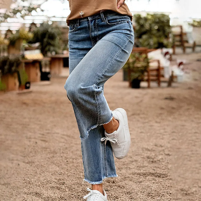 Rough Jeans Women's High Waist Loose and Thin Nine-point Straight Pipe Pants