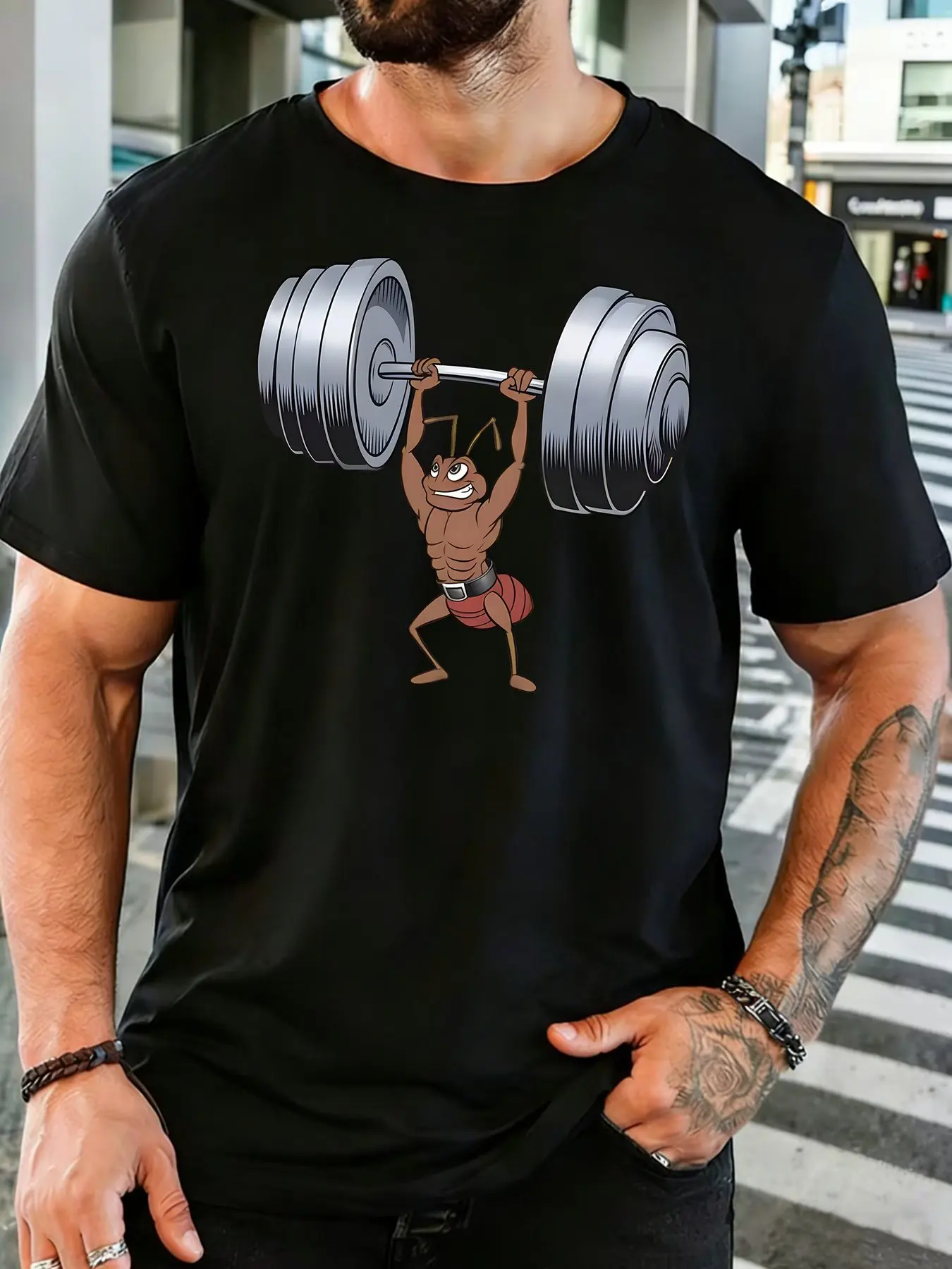 Power Ant Weightlifting Barbell Cartoon Print Mens Crew Neck Short Sleeve Cotton T Shirt Fitness Loose Casual Male Daily Gym Top
