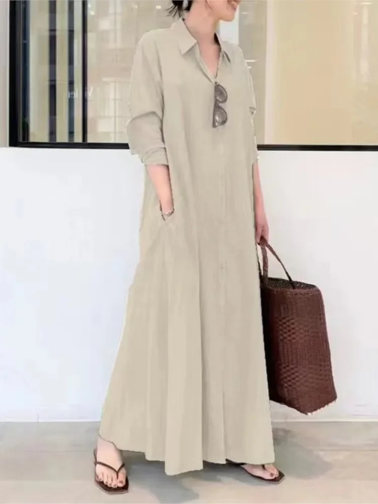 Primavera nuova moda allentata manica lunga risvolto camicia di colore puro abito estivo casual elegante abito semplice da donna da ufficio per le donne