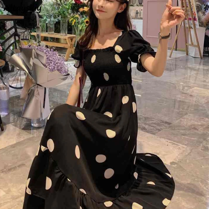 

Dresses Women Polka Dot Square Collar Folds A-line Korean Style Mid-length Chic Trendy Streetwear Sweet Girlish Holiday Students