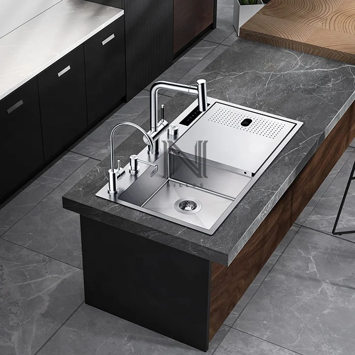 N8246X Modern Square Stainless Steel Double Bowl Kitchen Sink with Faucet Smart Above Counter Installation