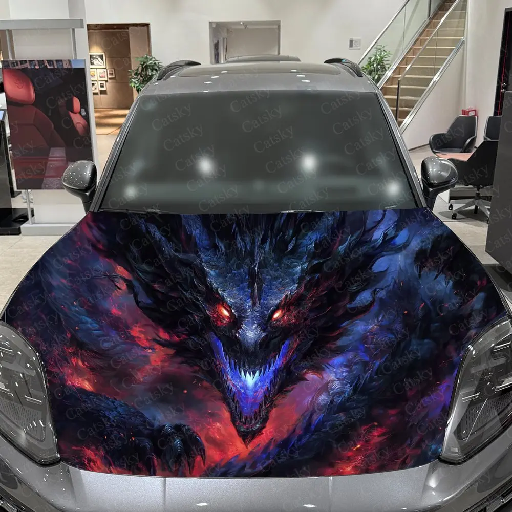 Dark Flame Ice Fire Demon Dragon Car Vinyl Wrap, PVC Waterproof Car Hood Sticker, Self-Adhesive Scratch-Resistant Stickers