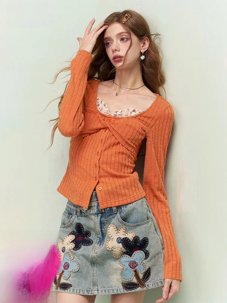 

Ele Splice Knitted Top Women's Slim Fit Early Spring Faionable Floral Patchwork Witcrt Aes Casual Sle Long Sve
