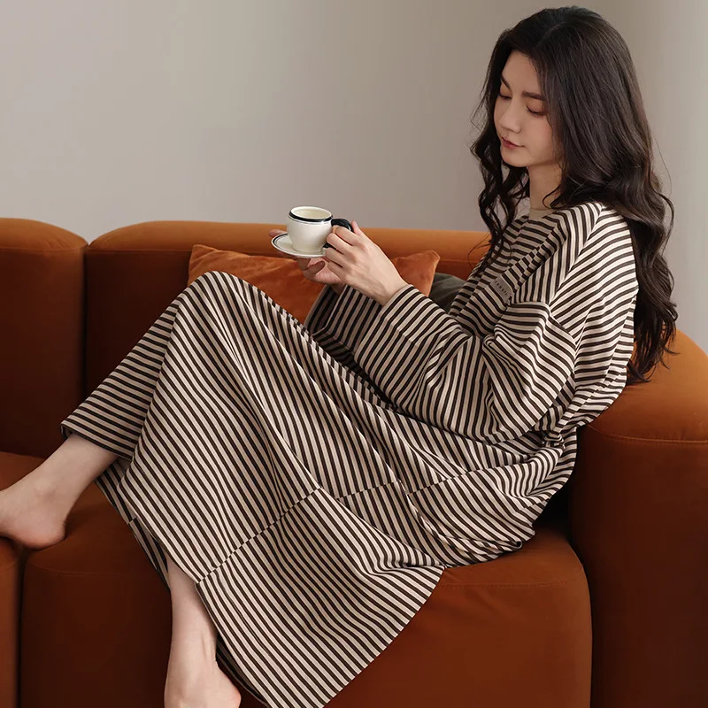 Long Sleeved Nightgown Women's Comfortable Spring Summer Dress Chest Cushion Autumn New Striped Round Neck Long Home Dress