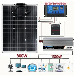 1500W Solar Power System 220V/1500W Inverter Kit 300W Solar Panel Battery Charger Complete Controller Home Grid Camp Phone