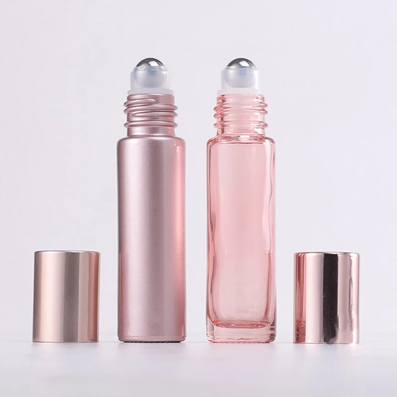 1PCS Glass Roll On Bottle 5/10ml Pink Roller Bottle Essential Oil Lip Gloss Refillable Tube Empty Jar Glass Perfume Bottle