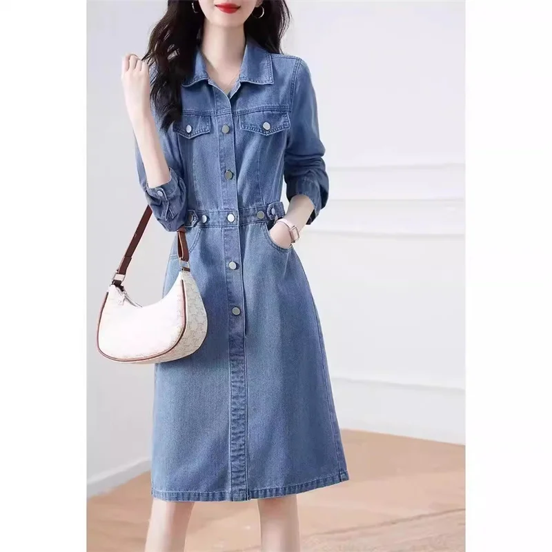 2024 Spring Autumn Women Light Luxury Denim Dress Female New With A Slim Look Featuring A Collared Collar And Long Sleeved Dress