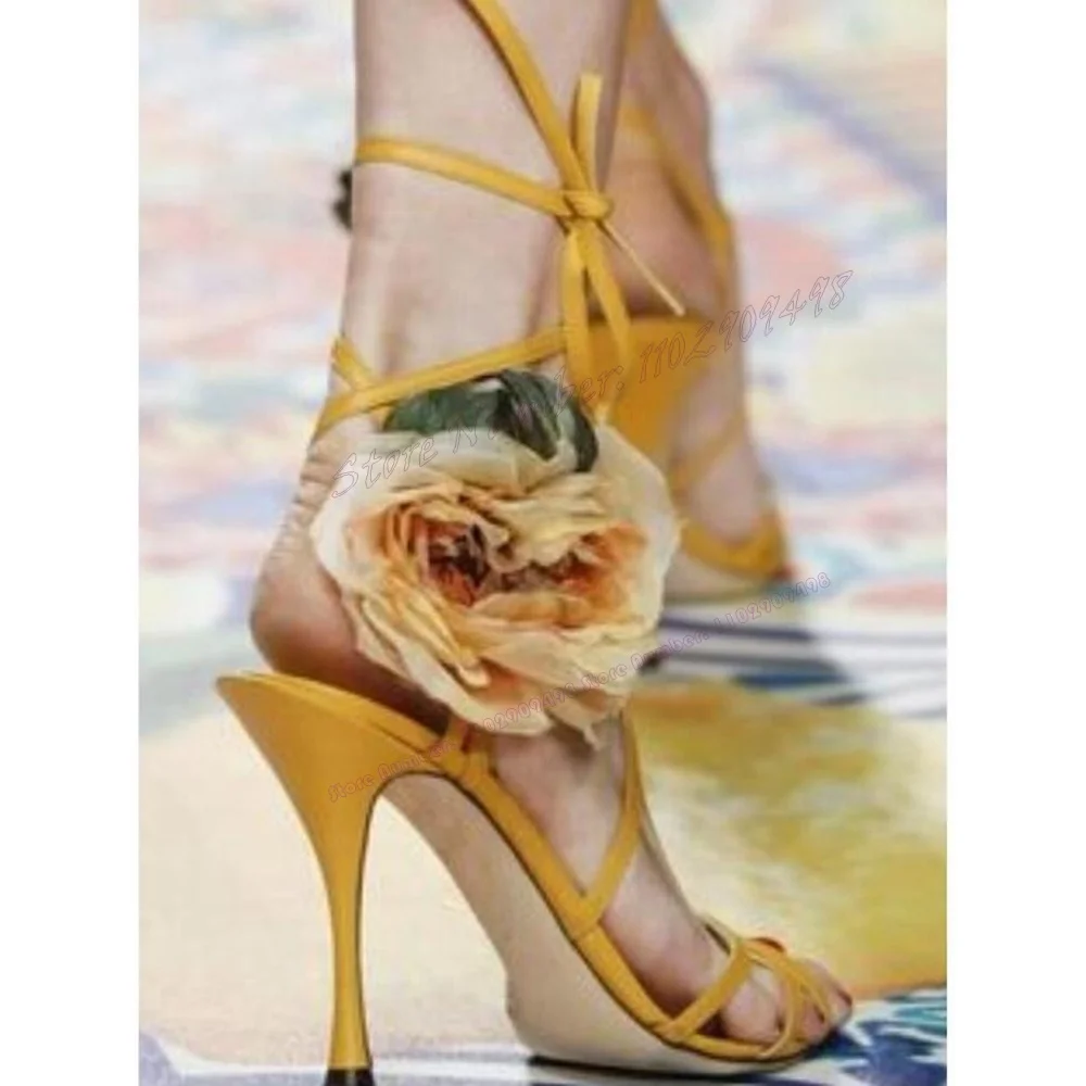 

Yellow Flower Decor Back Strap Sandals Open Toe Shoes for Women Thin High Heels Elegant Evening Shoes 2023 Zapatos Para Mujere