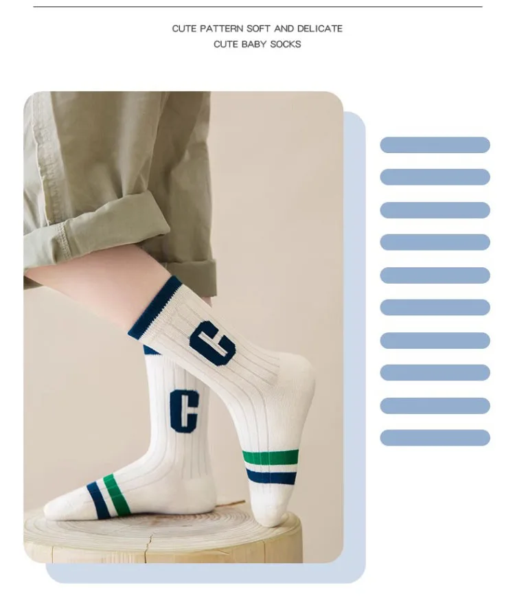 10 Paar Kinder Retro Buchstaben Gestreifte Crew-Socken aus Baumwolle, Atmungsaktive Wadenlange Socken für Jungen und Mädchen 3-12 Jahre, Schule und Alltag Kindersocken – Detail 3