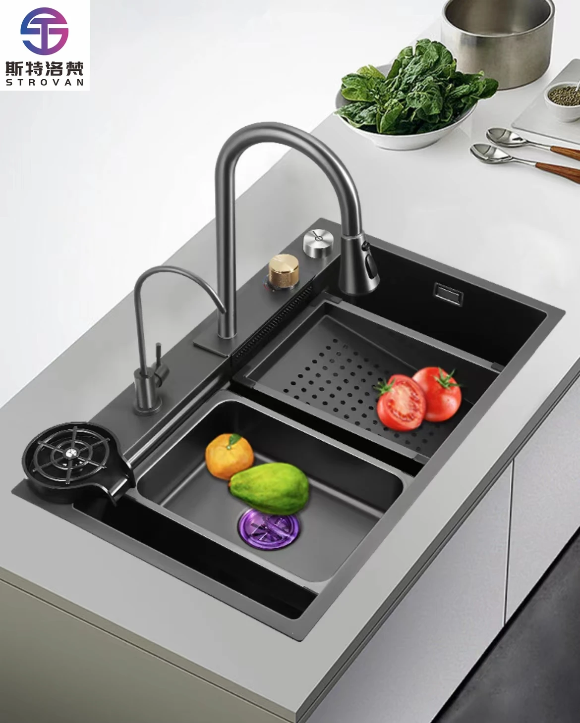 

Handmade Modern Contemporary Ceramic Kitchen Faucet Sanitary Ware Double Bowl Wash Basin Stainless Steel Polished Kitchen