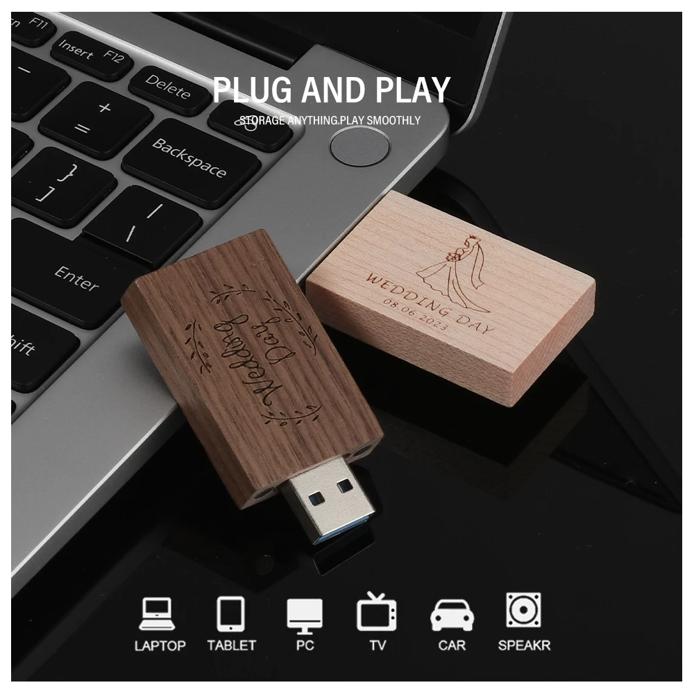 Unidad Flash USB de madera de nogal, 5 unidades por lote, 128GB, unidad de bolígrafo con logotipo personalizado gratis, 64GB, memoria para estudio de fotografía, 64GB, regalo de boda