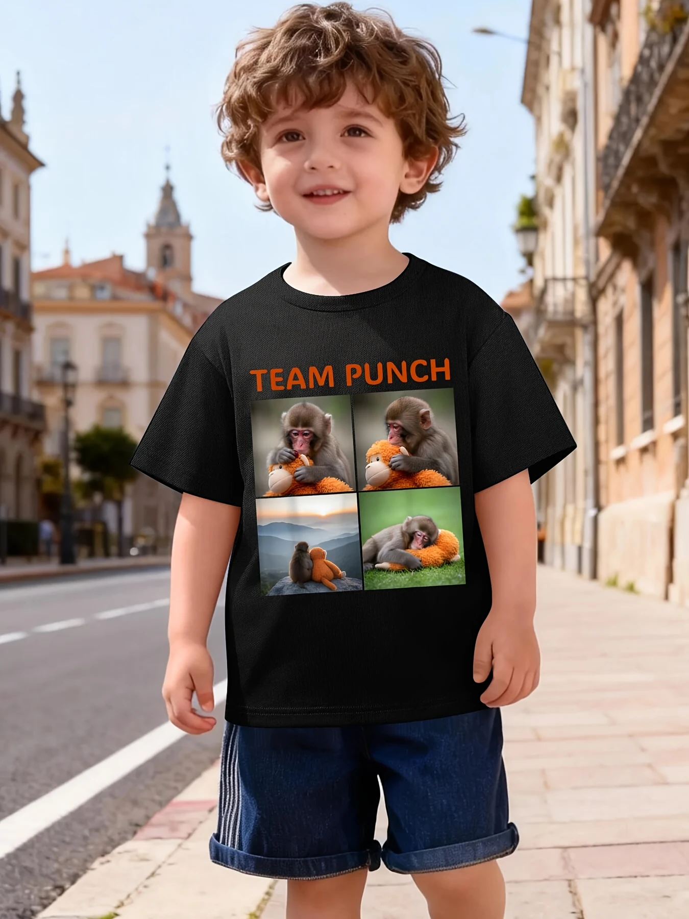Four Grid Monkey And Stuffed Bear Graphic T Shirt Boys Girls Trendy Short Sleeve Tee Family Matching Kids Casual Cotton Tops
