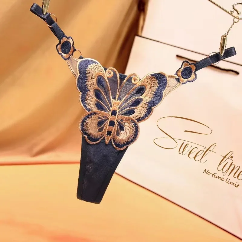 Sexy krajkové tanga pro ženy s nízkým pasem, motýlími kalhotkami, G-stringy, průhledné síťované kalhotky s nastavitelným pasem, Culotte Femme - náhled 4