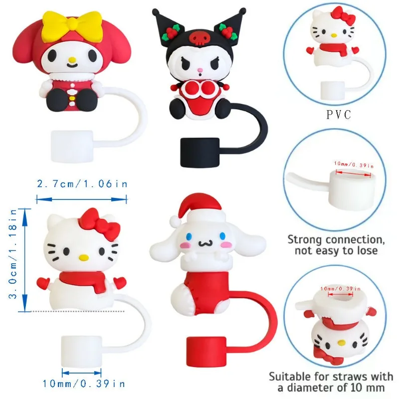 Sanrio Christmas Hello Kitty Kuromi Cinnamoroll Cartoon Cute Straw Hat Creative Personality Kawaii Dust Cap Silicone Accessories