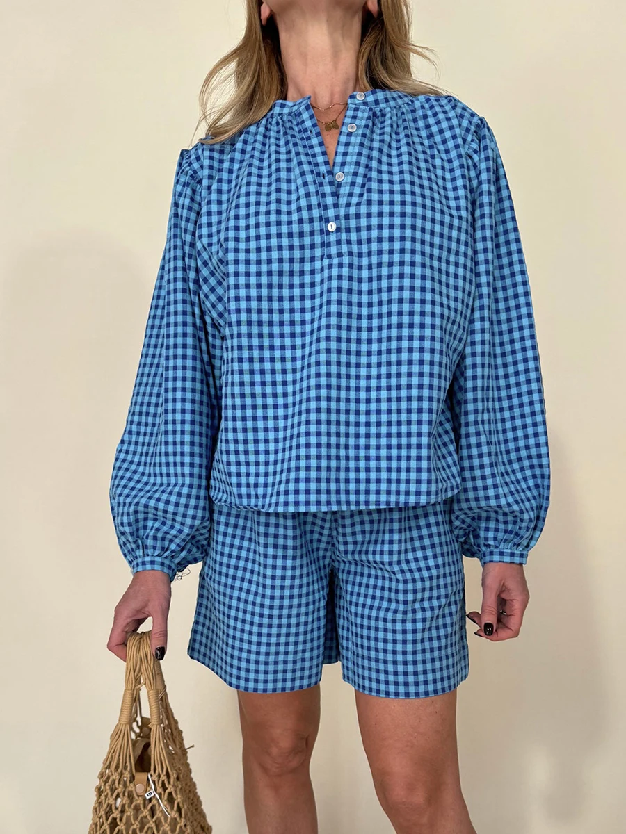 Loung Women Blue Plaid Pjs Sets Sleepwear Fairy Vintage 2024 Autumn Long Sleeve Buttons Shirts Boxer Shorts Pajamas 2 Piece Set