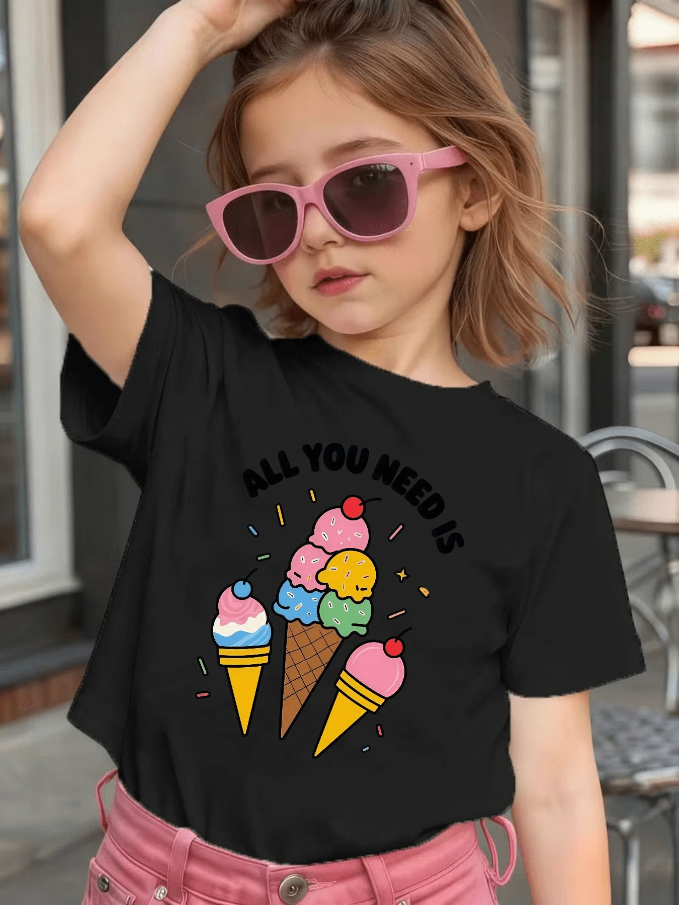 Cartoon Ice Cream Slogan Print Kids T Shirt Boys Girls Family Match Cotton Short Sleeve Summer Children Casual Basic Daily Wear