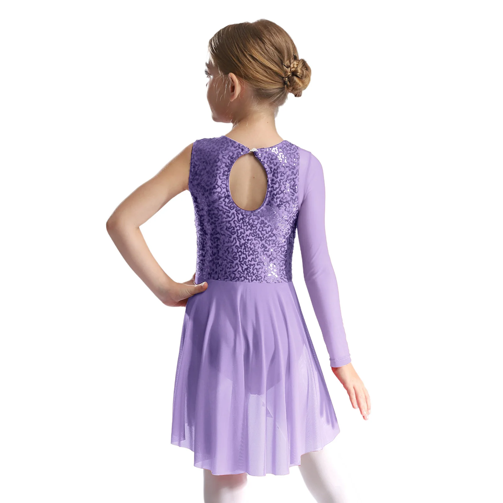 Girls Kids Sequins One Shoulder Long Sleeve Ballet Dance Dress Mesh Skirt Leotard Gymnastics Contemporary Lyrical Dance Costume