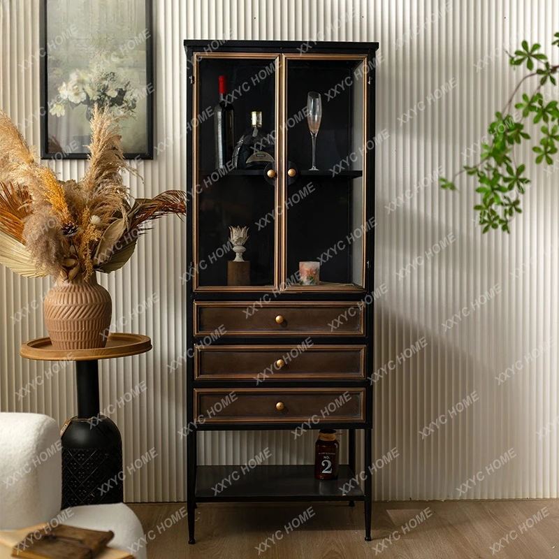 

Элегантный стеклянный шкаф DD в стиле ваби-саби для гостиной, витрина для декоративных предметов, промышленный шкаф с несколькими ящиками для хранения