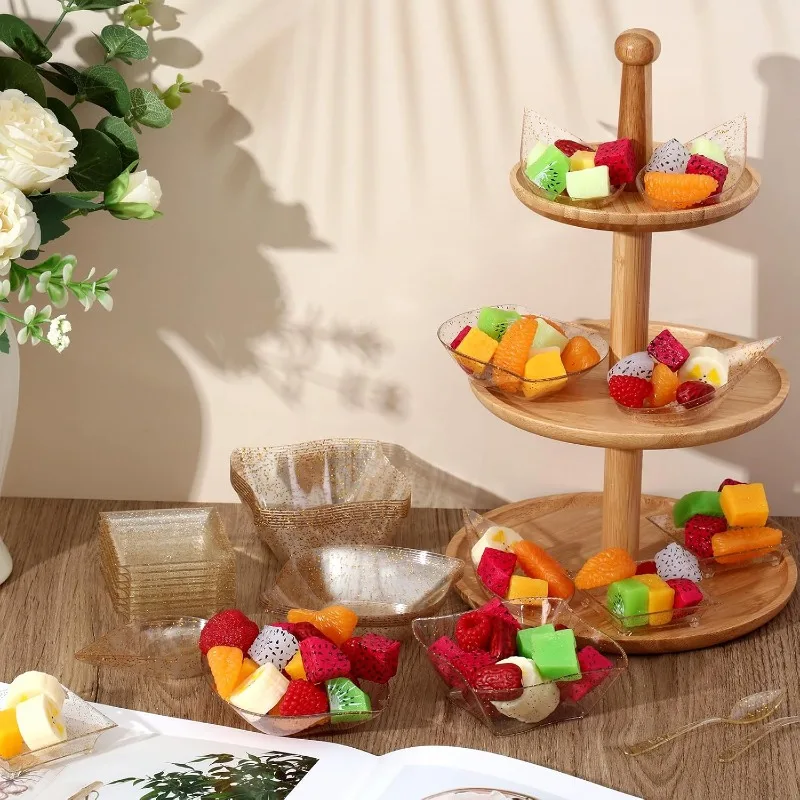400Pcs Mini Appetizer Plates Set, 200 Disposable Dessert Plates Assorted Shape 100 Mini Plastic Forks 100 Plastic Spoons for Party