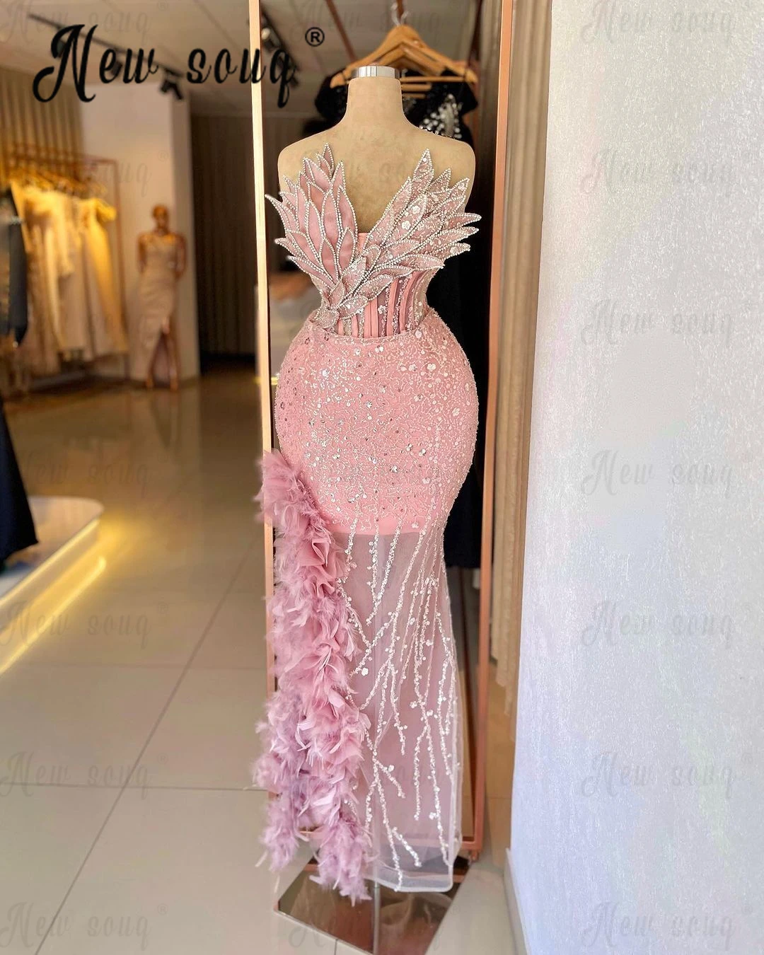 Fashion Sequins Pink Evening Dress Two Colors Purple Feather Leaf Designs Wedding Dinner Night Gowns Midi Long Cocktail Dresses