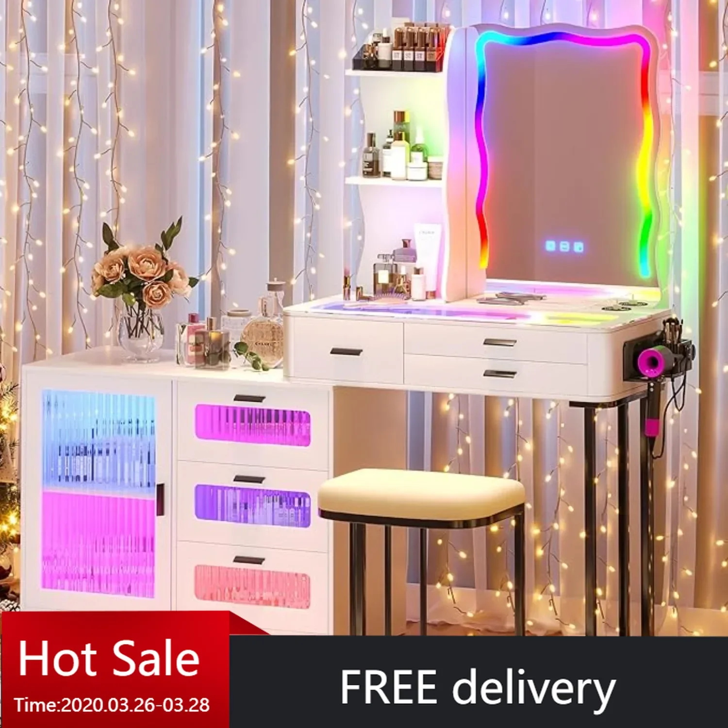 RGB Makeup Vanity Desk w/Wireless Charging Station,7 Dynamic & 7 Static Dimmable Vanity Table w/Glass Desktop,with Stool