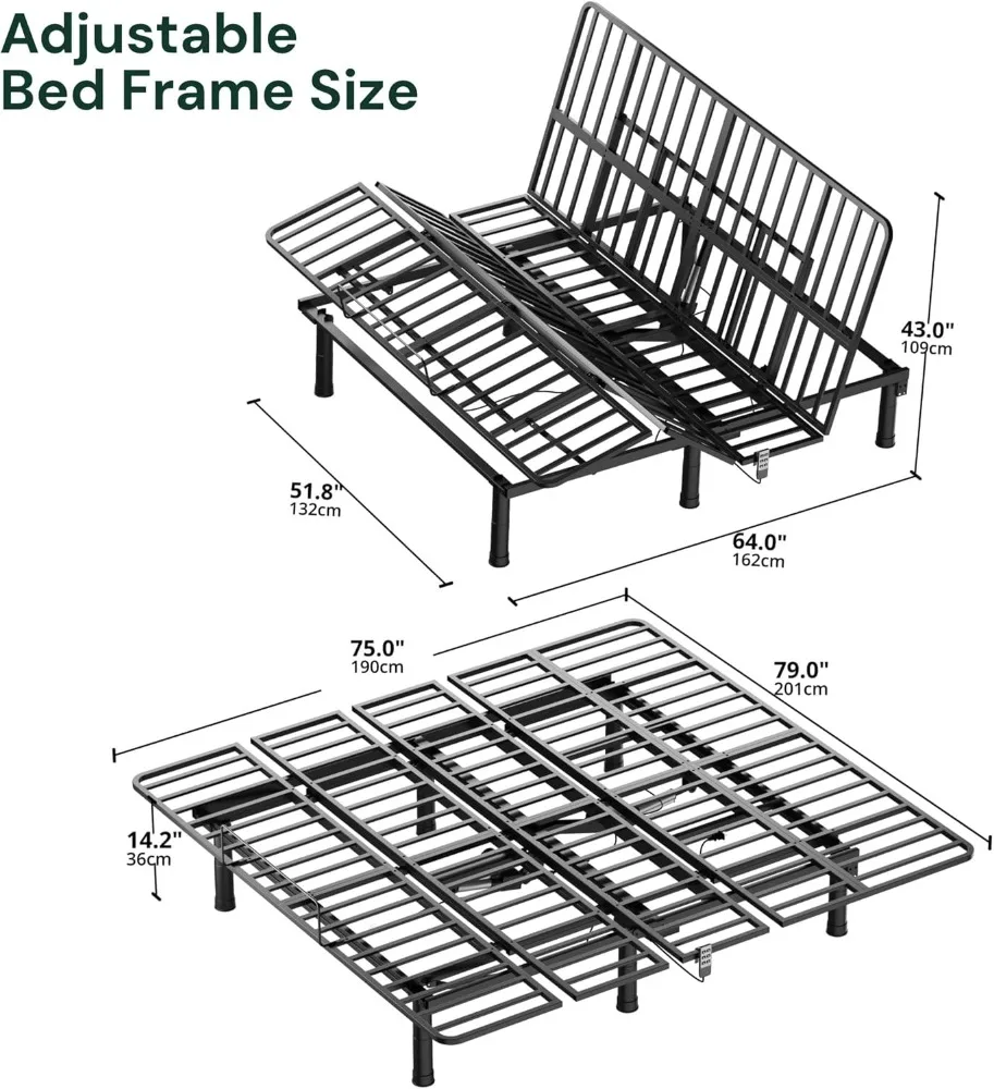 SunsGrove King Adjustable Bed Frame, Wired Remote Control, Independent Head and Foot Incline, Electric Bed Frame Base,