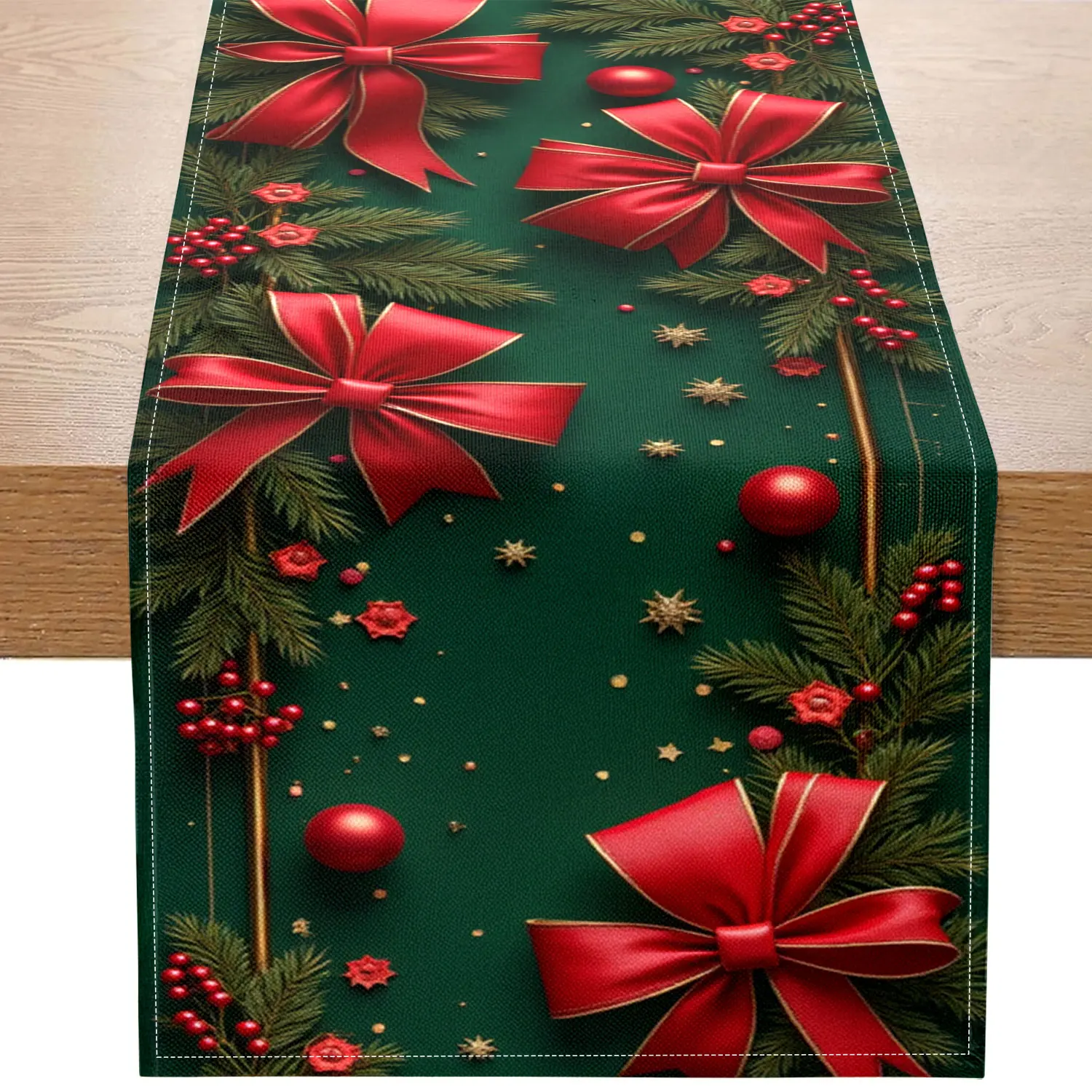 

1 Piece of Christmas-Themed Table Runner, Decorated with Red Bows, Pine Branches, and Gold Ornaments, Suitable for Christmas Parties, Home Holiday Decorations, and Other Occasions