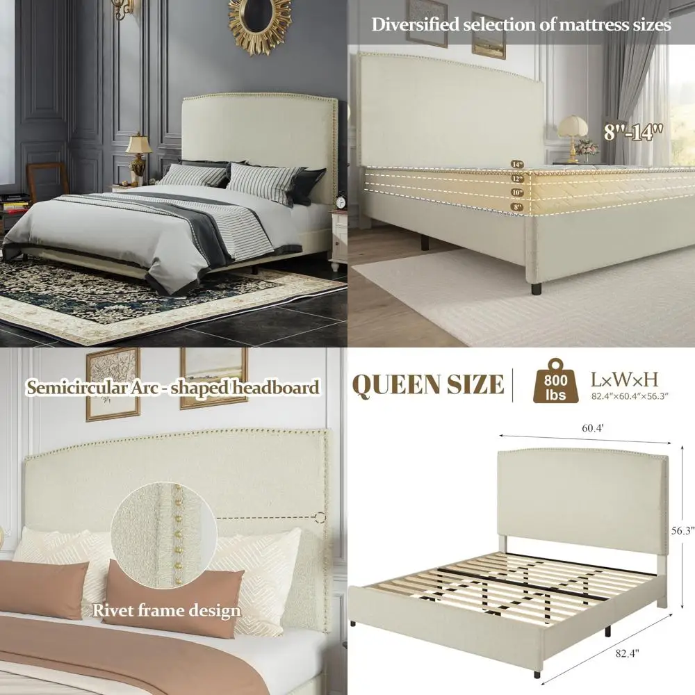سرير بمنصة منجدة بحجم كوين مع لوح رأسي، 56 حواف رأس أظافر، قماش بوكل ناعم، لا يتطلب صندوق زنبركي #1