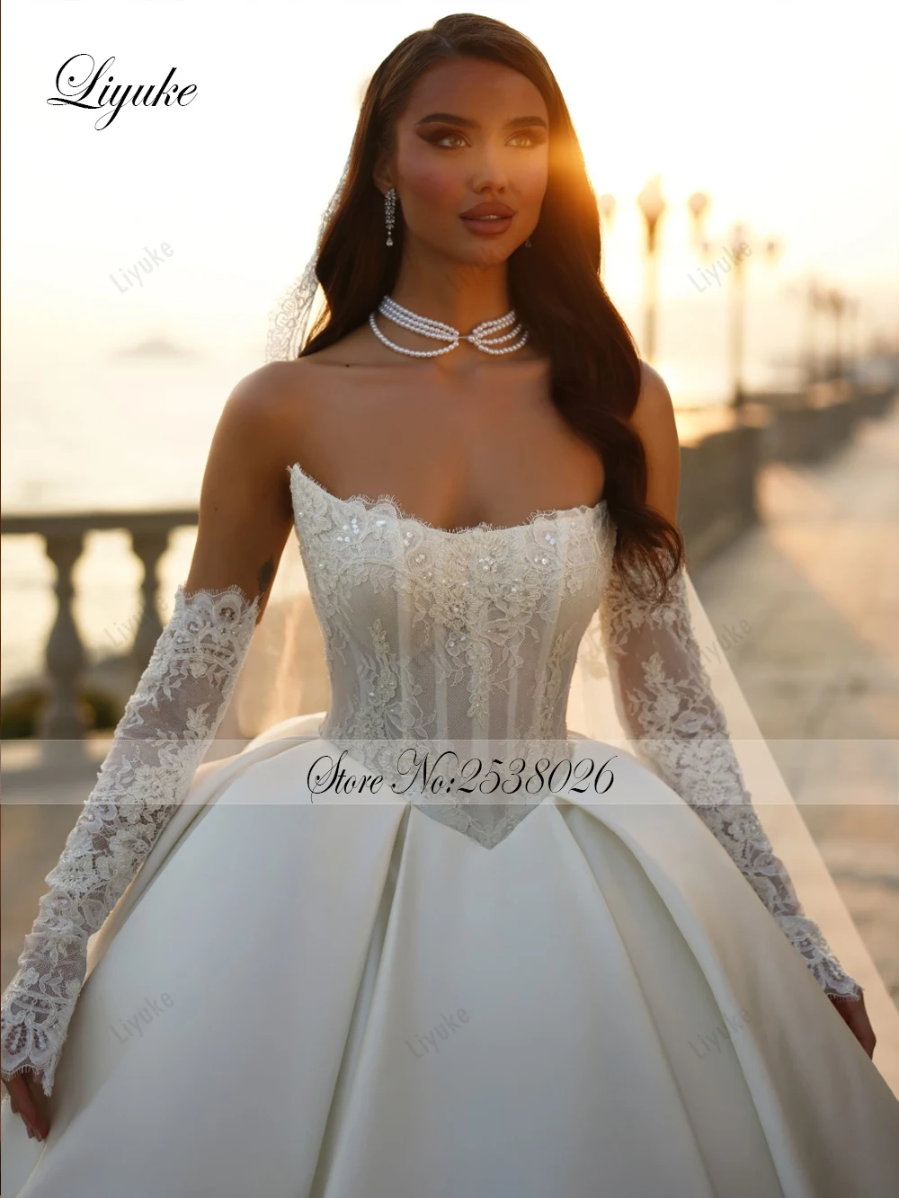 Liyuke Custom Made Simple Boat Neck Ball Gown Wedding Dress Removable Sleeves Off The Shoulder Satin Bridal Gowns view 4