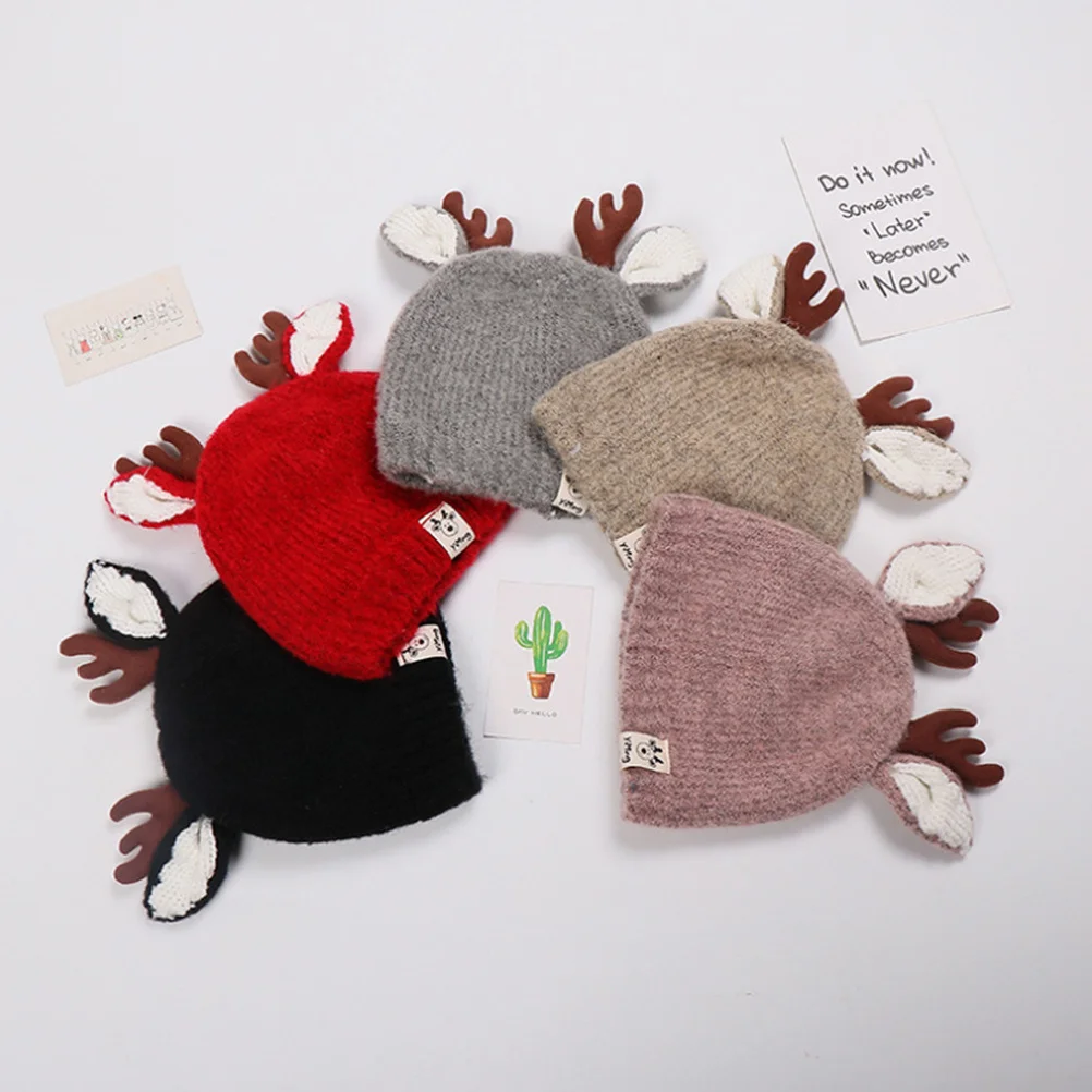 

Children Thickened Knit Baby Hat Elk Antler Design Warm Wool Knitted Winter Cap Suitable 3-24 Months Children Knit Hat