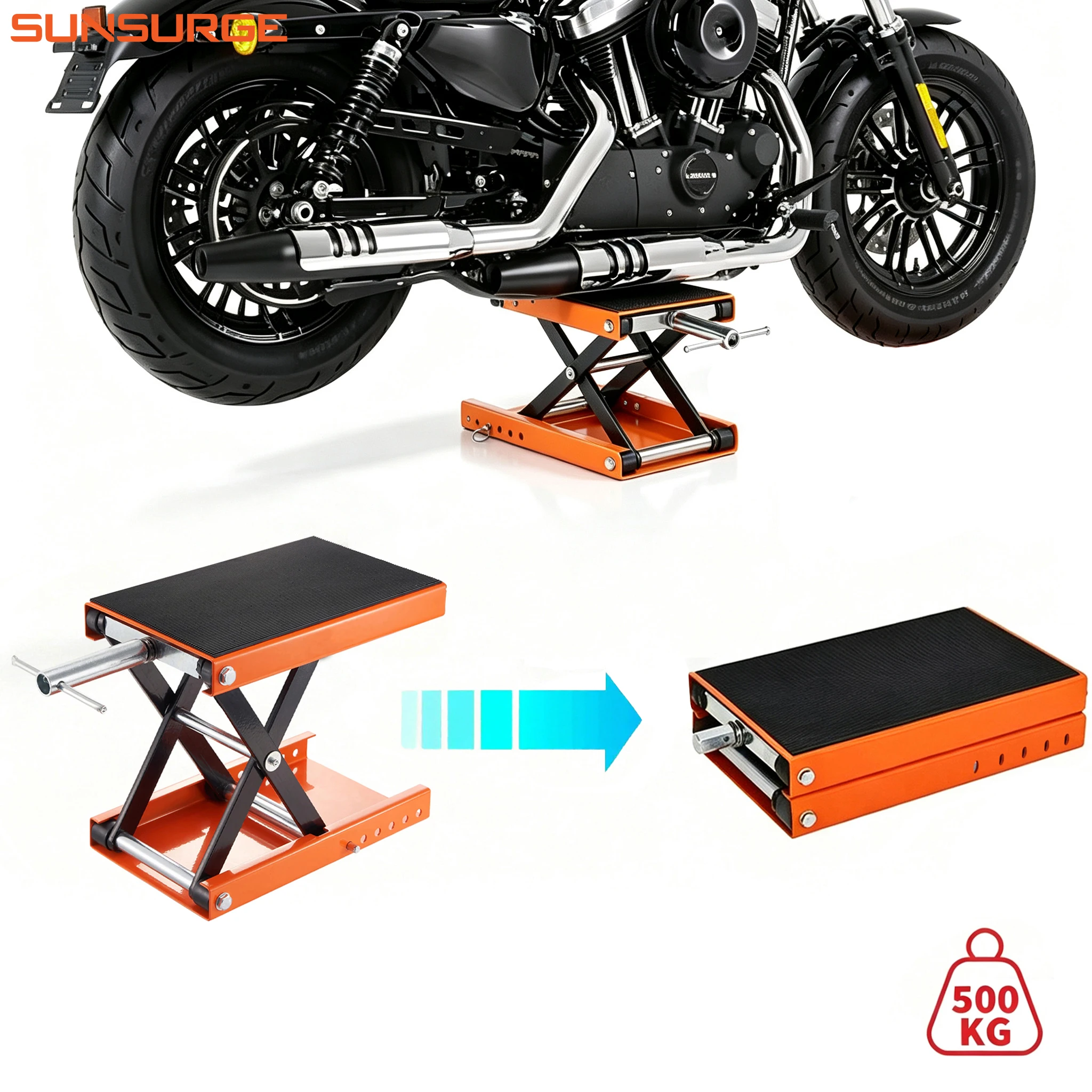 Sollevatore per moto Sunsurge, portata 1100 libbre, con piattaforma ampia e dispositivo di sicurezza a perno, ideale per moto – strumento ergonomico per il sollevamento.