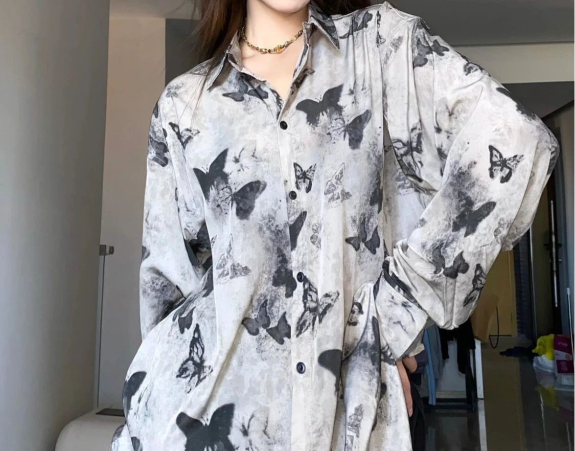 

Butterfly Print Shirt for Outerwear New Full Print Shirt Thin Loose Casual Long Sleeved