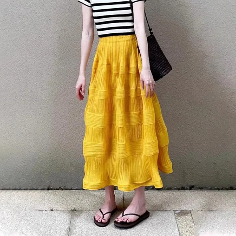 Miyake 2025 Summer Japanese Ins Yellow High-waisted Loose Skirt Fashionable and Thin Medium and Long Pleated A-shaped Skirt