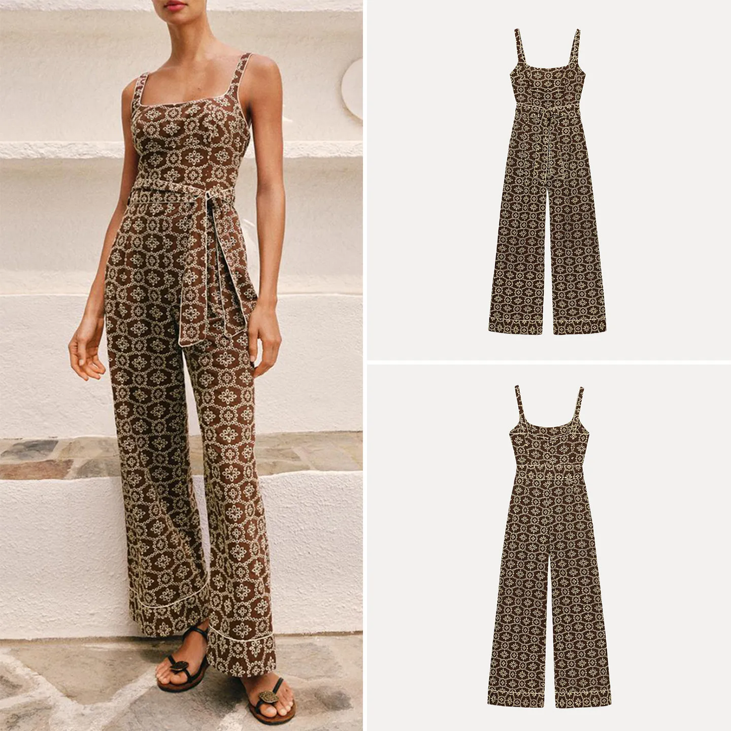 

Fashionable round Neck Embroidered Hollow out Belted Pants High Waist Long Leg Commute Style Women's Suit 2026 Summer