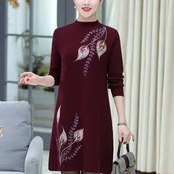 Wine Red Winter Printed Women's Thick Half High Neck Long Sleeved Knitted Top Autumn Temperament Commuting Loose Fitting Dress