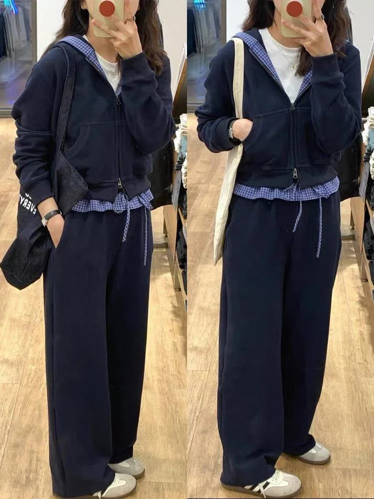 

Повседневный спортивный костюм женский, новая осенняя коллекция 2025 года, худи в стиле пэчворк и длинные брюки, комплект из двух предметов, в университетском стиле, для отдыха