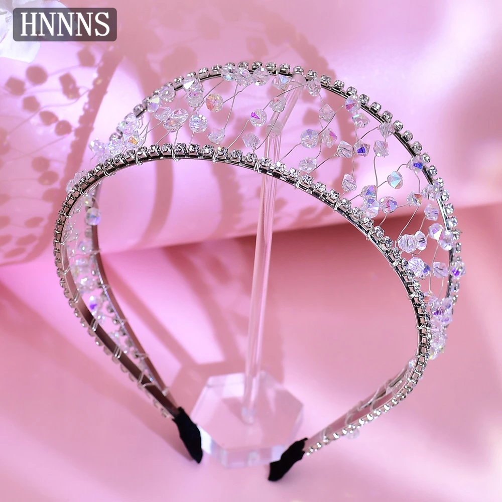 

HNNNS White Crystal Beaded Headband Handmade Braided Wide Headdress Elegant Headwear Bridal Wedding Dress Hair Accessories A124