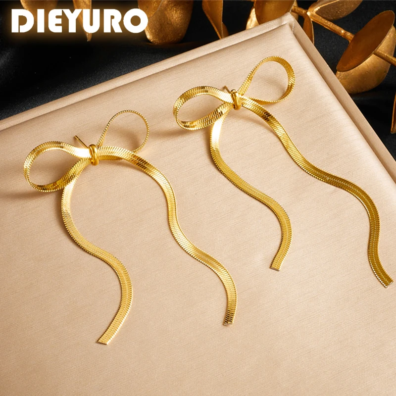 DIEYURO 316L Stainless Steel Golden Bowknot Snake Bones Earrings Suit For Women 2024 New Concise Trend Non-fading Jewelry Set