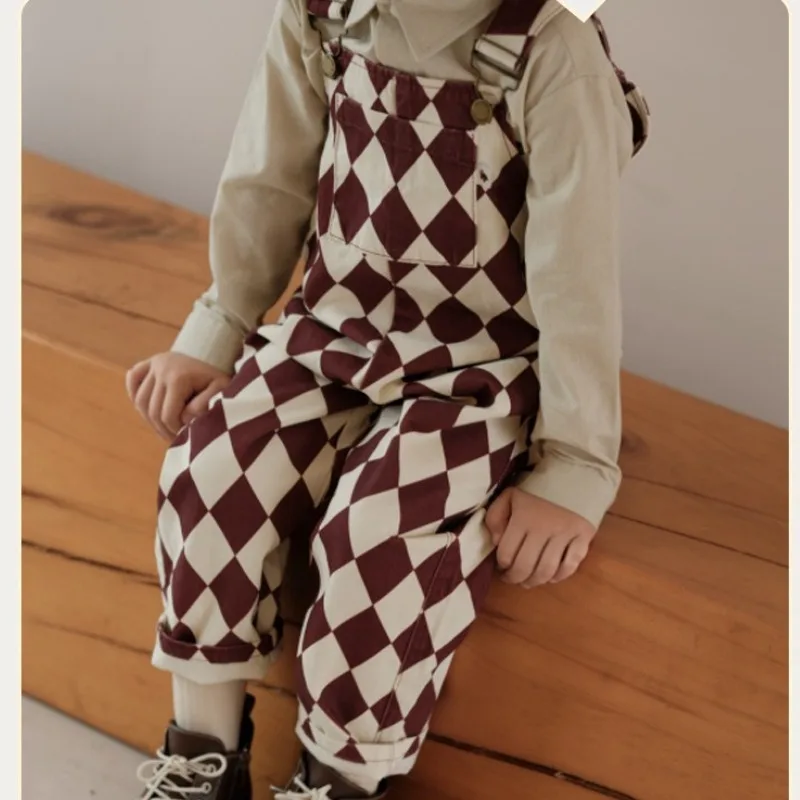 Spring and Autumn Winter Checkered Children's Strap Pants for Outing Fashion Trends Boys and Girls' Versatile Pants