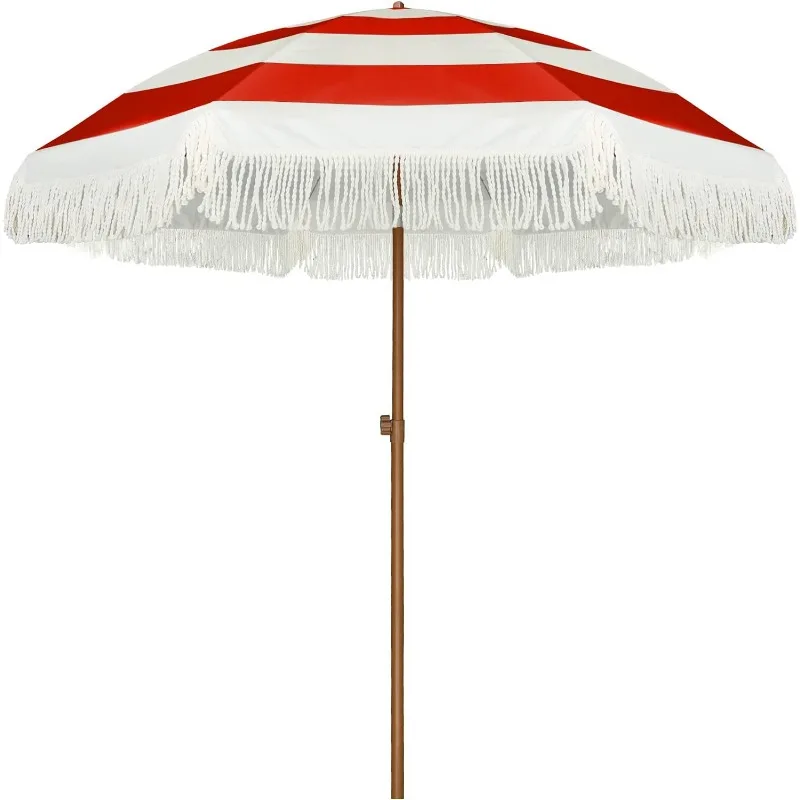 7ft Patio Umbrella with Fringe Outdoor Tassel Umbrella UPF50+ Wood Color Steel Pole and Steel Ribs Push Button Tilt